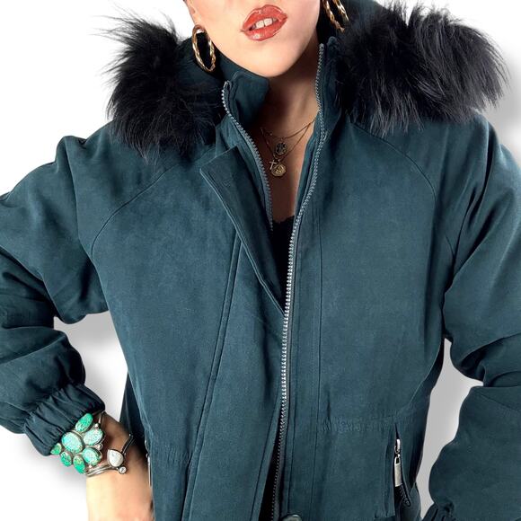Vintage 90's deep cyan microsuede water repellant coat with fox fur trim hood - Picture 2 of 16